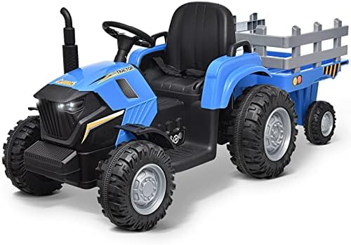 Joywhale 24V Kids Ride on Tractor with Trailer Powerful Battery Powered Motorized Electric Vehicle, with 400W Strong Engine, Remote Control, Detachable Trailer, Exhaust Pipe & Bright Headlights, Blue