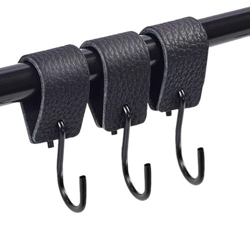 Confezione da 3 ganci in pelle a S, ganci da campeggio, ganci multifunzionali, ganci in metallo a forma di S per appendere, gancio per manubrio per cappotto, 3X-12,5X2,5 cm (Nero)