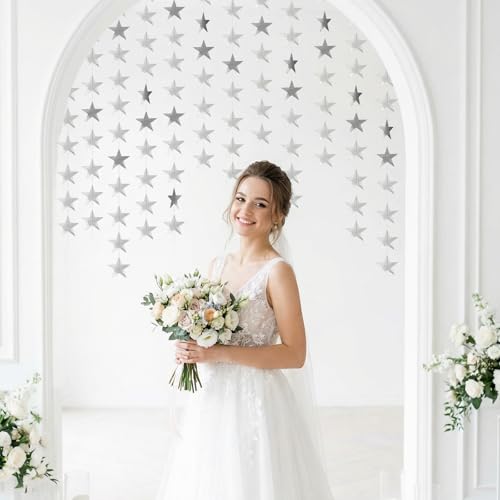 Image of Glitter Star Garland Banner Decor 130 Feet Silver Star Garland Hanging Bunting Banner Backdrop for Graduation Wedding Birthday Holiday Party