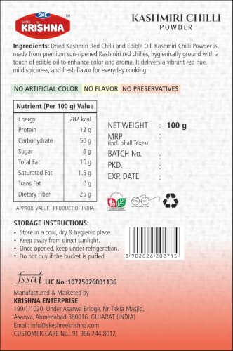 Image of SKE SHREE KRISHNA Kashmiri Red Chilli Powder 100g | Premium Kashmiri Lal Mirch Powder | Natural Color & Mild Spice for Cooking (Pack of 1)