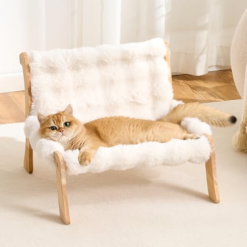 Kicari Solid Wood Cat Couch Bed for Indoor Cats, Modern Cat Sofa with Ultra-Soft Plush Surface Washable, Reclined Backrest, Elevated Elevated Cat Lounge Furniture for Small to Adult Pets, Ivory White