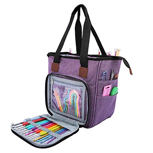 Caredy Bolsa de Tricô com Divisórias Internas para Armazenamento de Fios, Agulhas, Ganchos e Novelos - Roxa