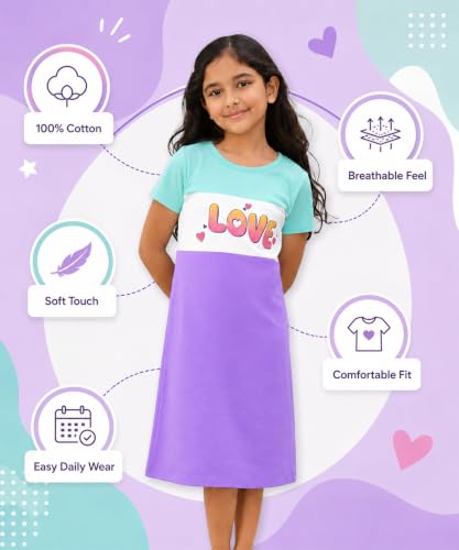 Image of KYDA KIDS 100% Pure Cotton Printed Round Neck Regular fit Half Sleeve Multicolor Long Top for Girls - (Pack of 1)