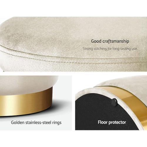 Image of ETIQUETTE ART Upholstered Velvet Round Dual Strip Ottoman Office Stool Foot Rest Stool Linen Fabric Padded Seat Pouf Ottoman with Round Shape for Living Room (Cream)