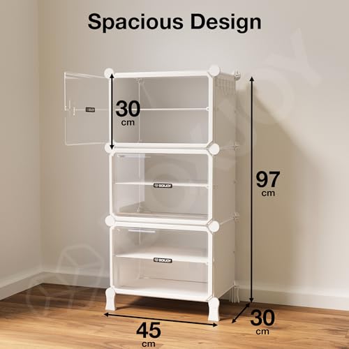 Image of BOXJOY 6 Shelf White Shoe Rack for Home with 3 Transparent Doors, Hard PET Plastic with Metal Door Frame, Shoe Chappal Slipper Sandals Stand