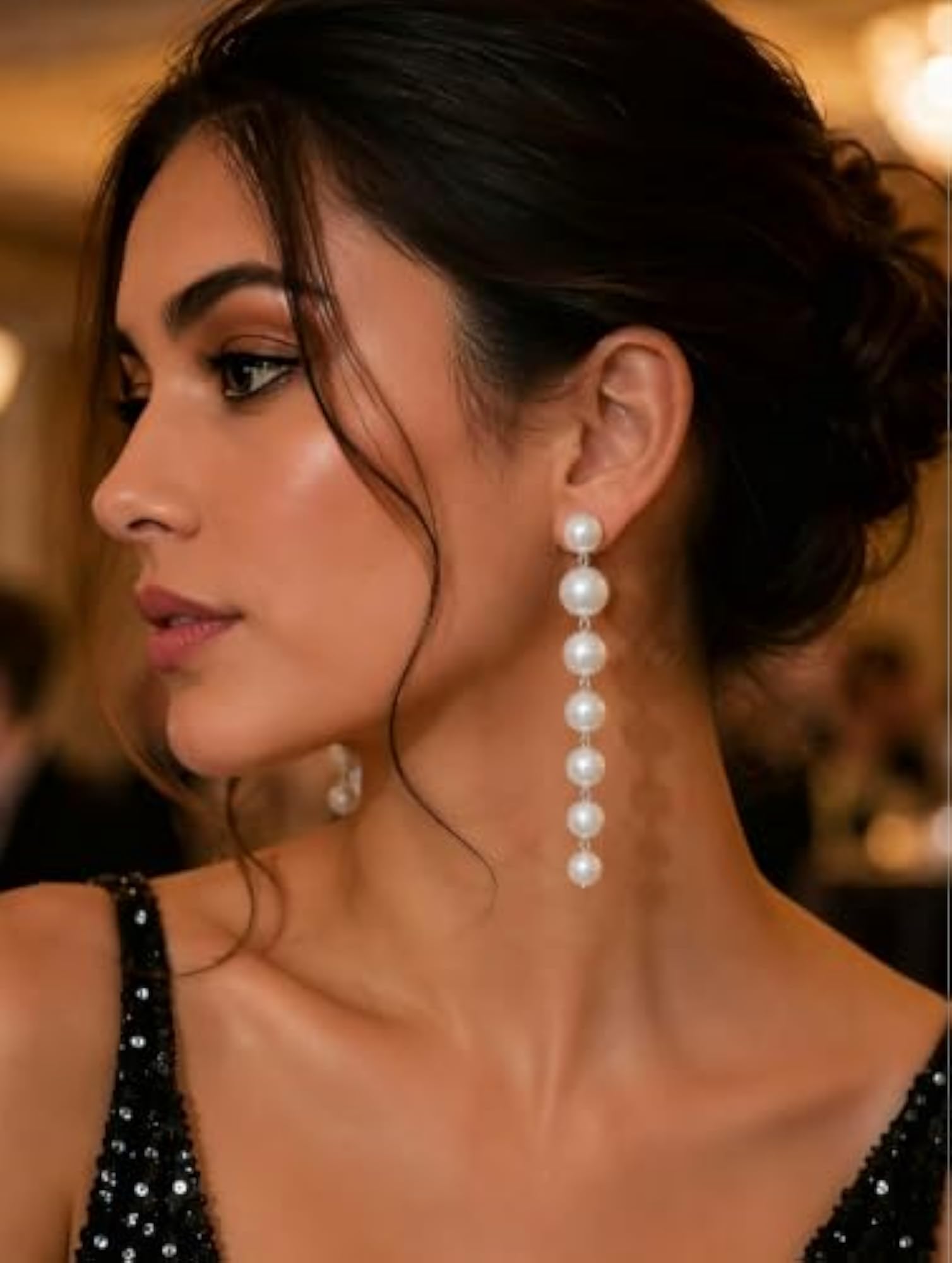 Pearl Drop Dangle Earrings, White Multi-Pearl Linear Chain
