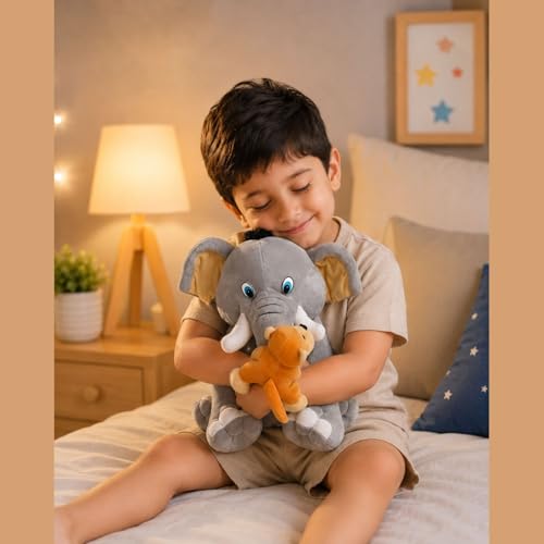 Image of Elephant with Monkey 30cm | Ultra Soft Plush Stuffed Toy | Cute Hugging Pillow | Gift for Kids Boys Girls