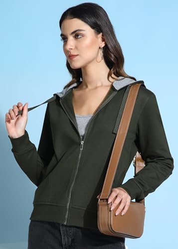 Image of Alan Jones Clothing Women's Solid Zipper Hooded Sweatshirt | Front Zip, Ribbed Hem, Lined Hood, Casual Winter Wear