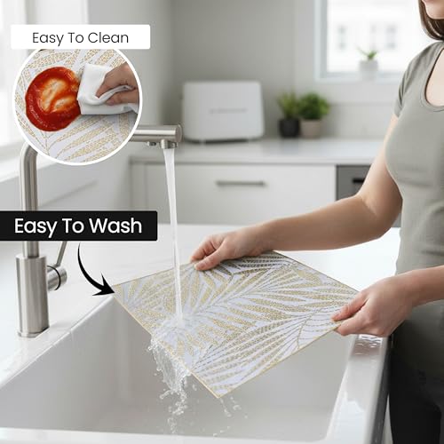 Image of Yellow Weaves 4 Pcs PVC Table Placemats, Dining Table Mat, Stain Resistant, Anti-Skid, Waterproof, Washable, Dining, Kitchen, Restaurant Table Set Easy to Clean, Durable (Fern Leaf Golden)