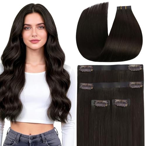 Image of Full Shine Human Hair Clip in Extensions, Dark Brown, Thick Ends | Brown Hair Extensions, 16 Inch 65g 4 Pcs, Added Volume for Thin Areas, Silky Straight, Weekend Outings, Fine Hair