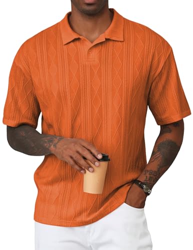 JMIERR Mens Short Sleeve Knit Polo Shirt Breathable Textured Fabric Soft Muscle Fit Summer Beach Tee M Orange
