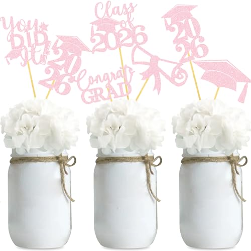 Image of Graduation Centerpiece Sticks 24PCS Glitter Grad Picks Party Table Decor Senior High School College Sign Pink