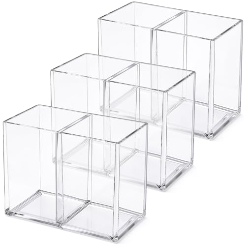 Gejoy-3-Pcs-Acrylic-Pencil-Pen-Holder-for-Desk-Clear-2-Compartment Gejoy 3 Pcs Acrylic Pencil Pen Holder for Desk, Clear 2 Compartment - Image 1