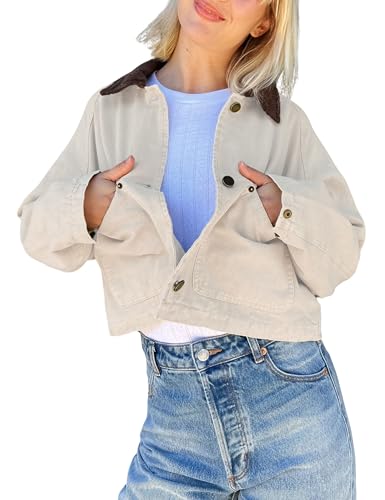 APAFES Women's Cropped Barn Jacket Corduroy Collar Button Down Long Sleeve Short Coat with Pockets