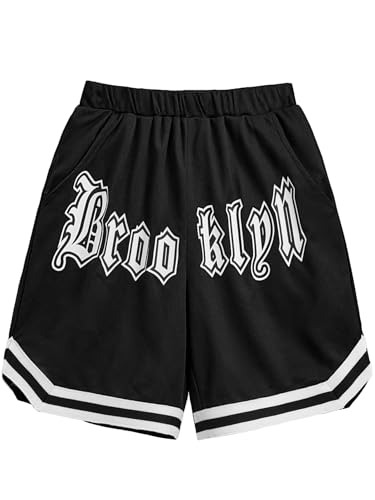 OYOANGLE Boy's Letter Print Striped Elastic Waist Shorts Athletic Track Shorts with Pocket