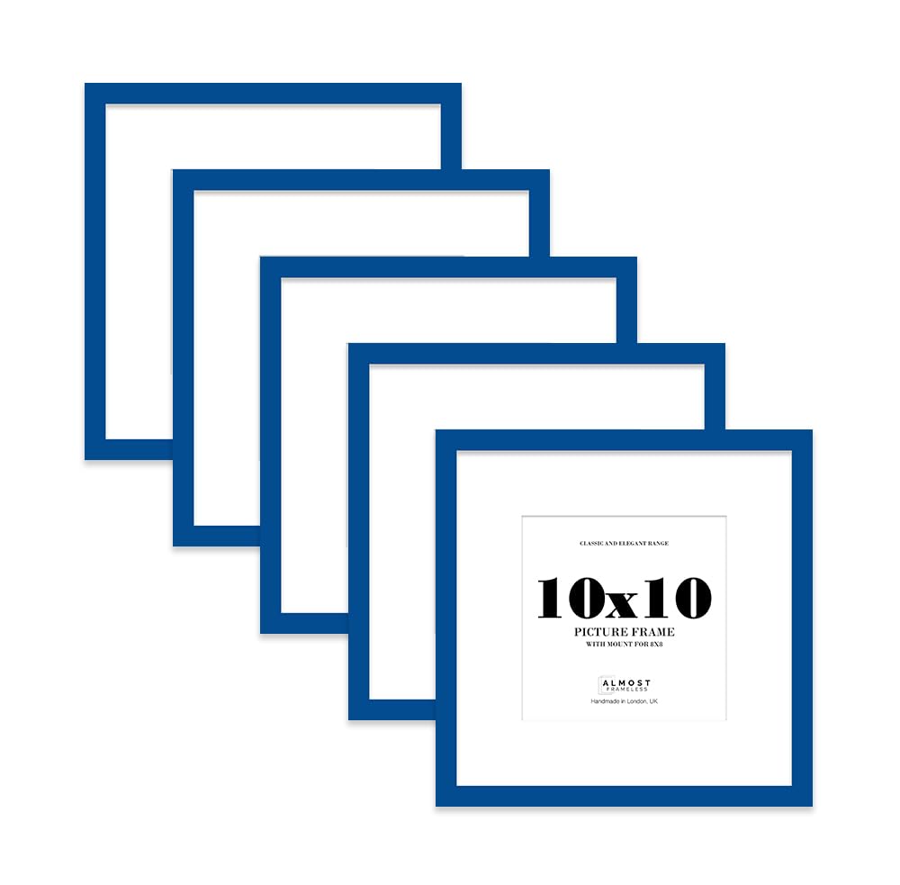 10x10 Blue Picture Frame with Mount for 8x8 Photos, Prints - Modern Square Wall Frame, Set of 5