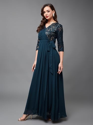 Image of Miss Chase Women's V-Neck Full Sleeve Self Design Lace-Overlaid Georgette Maxi Dress