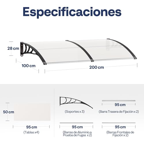 Miniatura 8 de Vivohome Marquesina Para Puerta De Casa 100x200cm Con Marco De Aluminio Y Policarbonato Para Puerta Toldo Transparente Para Protección Solar Y Protección Contra La Lluvia