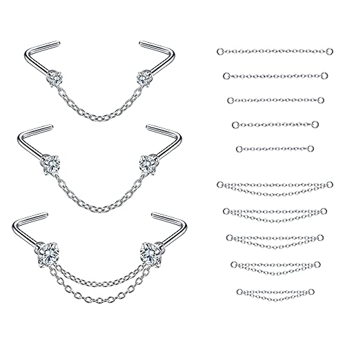 PunkTracker Nose Rings 20G - 2mm, 2.5mm, 3mm CZ Studs with Chain - Surgical Steel Nose Piercing Jewelry