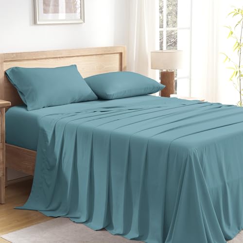 Image of Andency Grayish Teal Queen Sheets Set 100% Viscose Derived from Bamboo | Cooling Summer Sheets, Deep Pocket Up to 16 inch, Silky Soft Hotel Luxury Breathable Bedding Sheets & Pillowcases