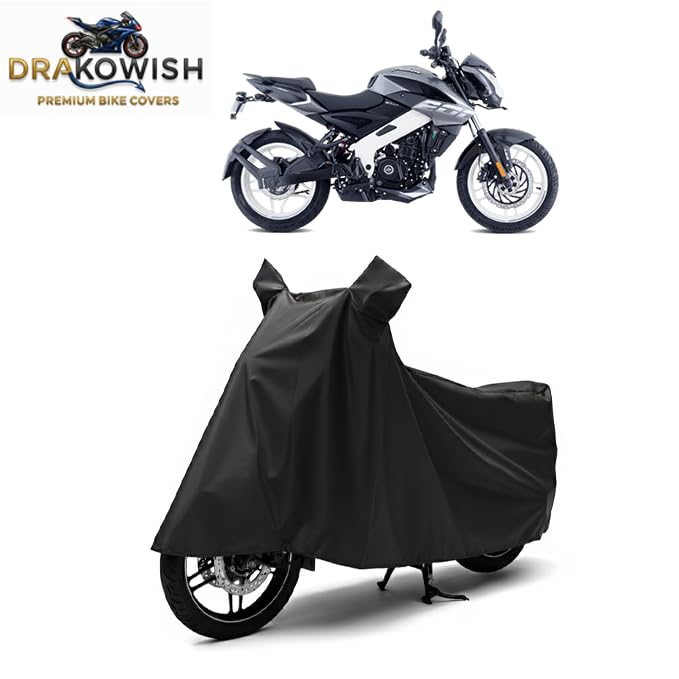 Image of DRAKOWISH Waterproof Bike Cover for Bajaj Pulsar NS 200 All Weather Protection from Rain, Dust, UV Rays & Scratches with Mirror Pockets & Buckle Belt