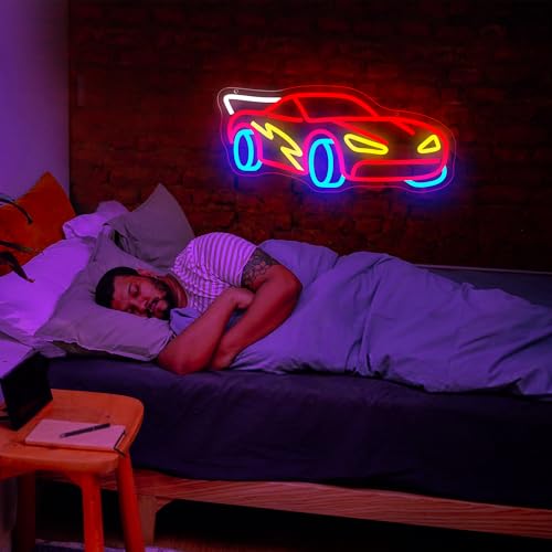 Image of Racing Car Neon Sign for Wall Decor Racing Neon Light for Man Cave Dimmable LED Car Suitable for Room Decor Light Up Bedroom Playroom Birthday Party Gift for Kids Size16.5 * 7.6In(P110)