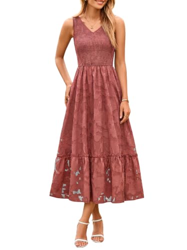 Image of Simplee Womens Semi Formal Dresses for Wedding Guest Floral Lace Midi Dress | Floral lace, Modest, Midi length, Sleeveless, V neck, Smocked empired waist, Semi formal wedding guest dress, Baptism dress