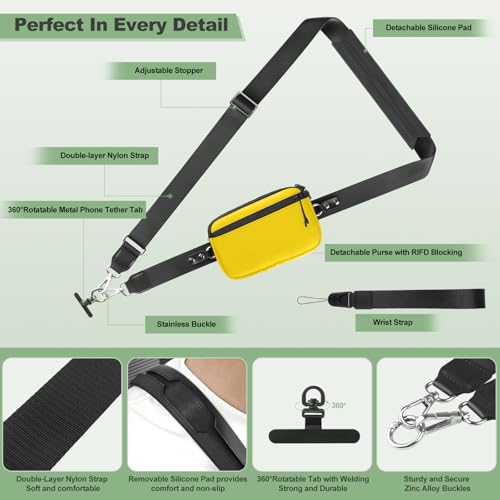 Image of YFWE Clip and Go Strap for Phone with Wallet Crossbody, Adjustable Phone Lanyard with Detachable RFID Wristlet Wallet & Ultra-Thin 360 Rotatable Metal Tabs for All Smartphones (Yellow)