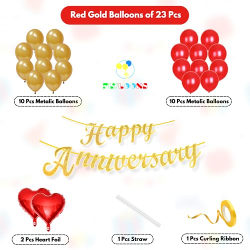Image of Flyloons Happy Anniversary Decoration Items Red Gold for Men Women Husband Wife Mom Dad Parent Couple Home Bedroom Car With 20 Pcs Metallic Balloons Anniversary Banner 2 Pcs Heart Set Kit