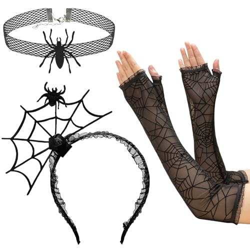 SSKHE 3 Stück Spinnen Haarreif Damen Halloween mit Halsketten und Handschuhe Spinnen Netz Haarreifen Spinnen Halsband Spinnennetz Handschuhe Punk Kostüm für Halloween Cosplay Karneval Party