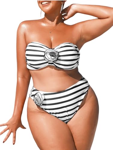 OYOANGLE Women's Plus Size Strapless Bandeau Bikini Set Striped Print 3D Floral Bathing Suits High Waisted Swimsuit