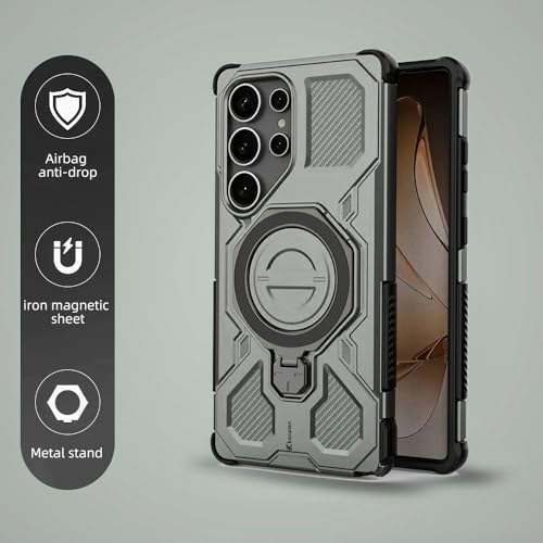 Image of KARWAN Tough Shockproof Armor Back Case Cover Compatible with Samsung Galaxy S25 Ultra with 360 Degree Rotation Magnetic Attraction Ring Holder Heavy Duty Cover with MagEaze Wireless Charging (Grey)
