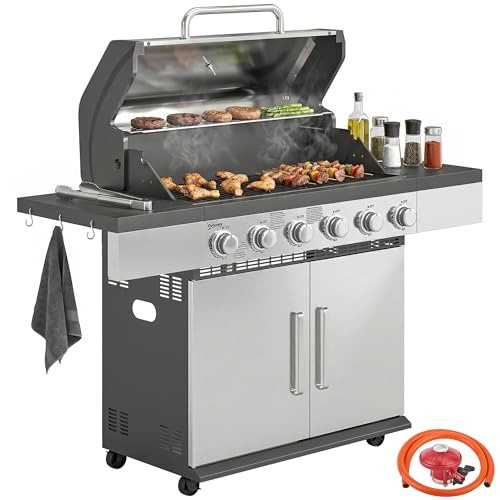 Outsunny 6 Burner Propane Gas BBQ Grill with Warming Rack Silver