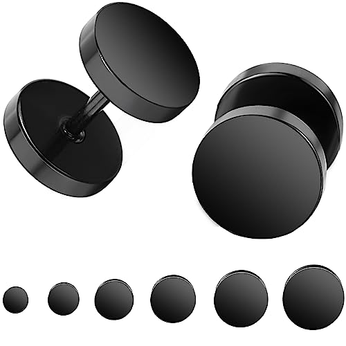 Black Stud Earrings for Men Women Fake Gauges Ear Tunnel Faux Plugs Mens Earrings Surgical Steel Earrings 6 Pairs 5mm-10mm