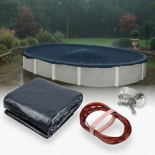 Winter Block Premium Winter Pool Abdeckung für oberirdische ovale Pools, 3 x 4,1 m, Aufstellbecken, Winterabdeckung, inklusive W & Kabel, Stärke & Haltbarkeit, UV-Schutz, einfarbig blau