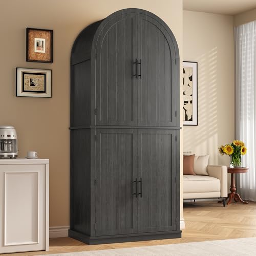 Image of iPormis 71 inch Tall Arched Cabinet with Doors, Farmhouse Kitchen Pantry with 6-Tier Door Shelves & Drawer & Adjustable Shelves, Modern Wood Storage Cabinet for Dining, Living Room, Bathroom, Oak Grey