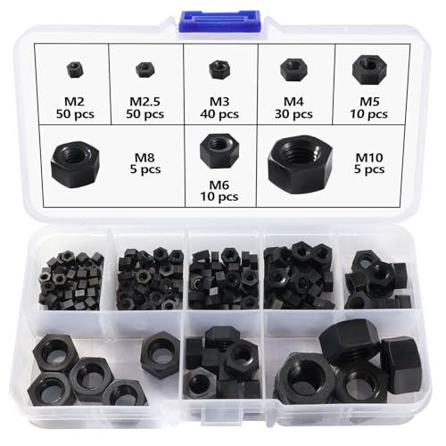 Lyeteung 200 PCS M2/M2.5/M3/M4/M5/M6/M8/M10 Metric Thread Hexagon Fastener, Nylon Hex Nuts, Metric Coarse Thread Hexagon Nuts, Black