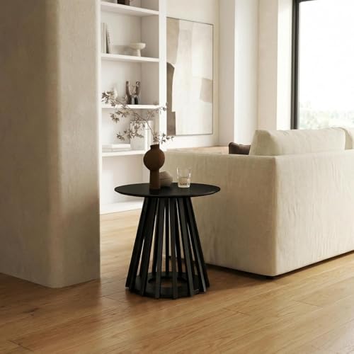 Image of HNY Round Fluted End Table, 19.7 inch Modern Black Side Table, Mid Century Wood Circle Bedside Tables Drink Table Nightstand for Bedroom, Living Room, Small Space