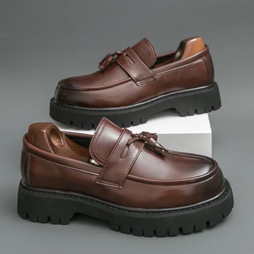 Image of Mens Leather Slip-On Platform Dress Tassels Loafers Non-Slip Low Top Round Toe Chunky Penny Shoes for Business Casual Dress Prom Party