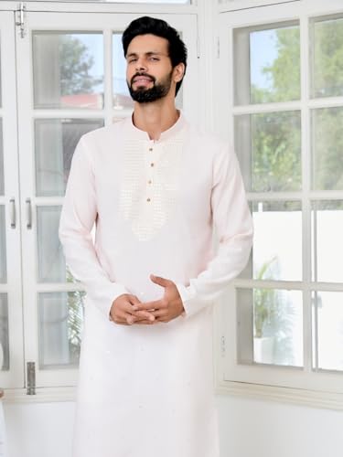Image of See Designs Men's Full Sleeve Mandarin Collar Sequins Embroidered Chanderi Straight Long Kurta with Yoke Design - Festive Collection