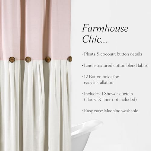 Image of Lush Decor Linen Button Shower Curtain, 72 inch W x 72 inch L, Blush & Off White - Pink Bathroom Curtain - Fabric Shower Curtains - Farmhouse Bathroom Decor