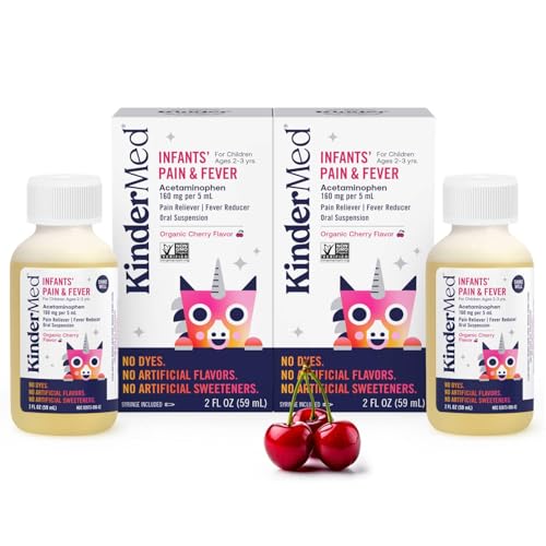 KinderMed Infants' Pain & Fever Medicine, No Dyes, No Artificial Flavors, No Artificial Sweeteners, Vegan, Non-GMO, Gluten Free, Organic Cherry Flavor, Two Pack, 2 x 2 fl. oz