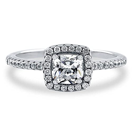 BERRICLE Sterling Silver Halo Wedding Engagement Promise Rings for Her, Cushion Cut Cubic Zirconia CZ Ring2