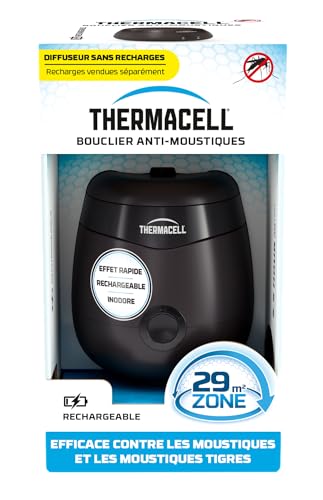 THERMACELL Tarcza przeciw komarom i komarom tygrysy, na zewnątrz, do ogrodu, na taras, bezprzewodowa, do wielokrotnego napełniania, strefa ochrony 29m², szybki efekt, bezwonny, bez wkładów, czarna