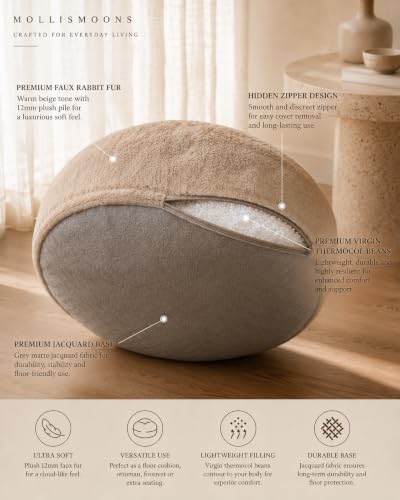 Image of Mollismoons Lounge Set | Luxury Faux Fur Bean Bag Chair + Round Floor Cushion | Ultra Soft Washable Cover Only (Without Beans) Signature Collection (Beige, Lounge Set)