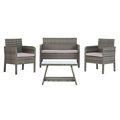 Image of Carry Bird 4 Piece PE Wicker Rattan Outdoor Furniture | 4 Seater Balcony Sofa With Tea Table | Set of 2+1+1 Outdoor Patio Chairs with Coffee Table | Sofa Sets & Center Table for Home & Garden | 3 Piece Patio Stools with Table | Indoor Patio Furniture Set Space Saving | Rattan Chair | Patio Set | Wicker Conversation Set | Poolside Lawn Arm Chairs Set For Balcony & Terrace | Balcony Table chair Set | Hotel Patio Seating Chair & Table Set with Glass | Grey Wicker-Grey Cushion