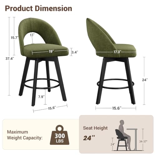 Image of YaFiti 24 inch Counter Height Swivel Bar Stools Set of 2, Green | Swivel Bar Stools with Ergonomic Curved Back, Fabric Upholstered Seat and Solid Wood Legs for Kitchen Island
