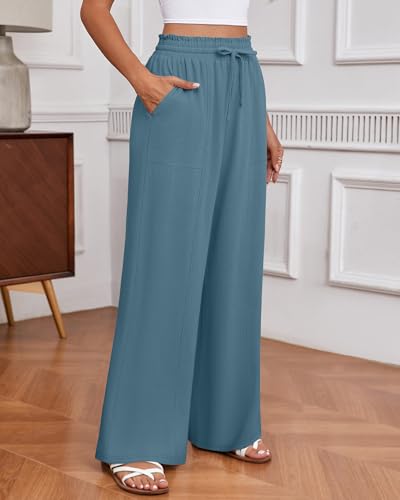 Huukeay Women's Linen Wide Leg Pants, High Waist Flowy Palazzo Pants with Pockets Drawstring Summer Casual Work Trousers(Lake Blue,Large)4