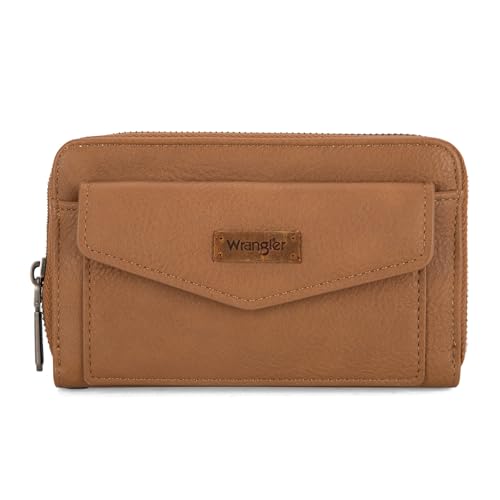 Image of Montana West Wrangler Women's Wallets Wristlet Bifold Rfid Blocking Wallets Large Capacity Brown Wallet for Ladies Female Woman Credit Card Wallet with Zipper Pocket and and Wrist Strap