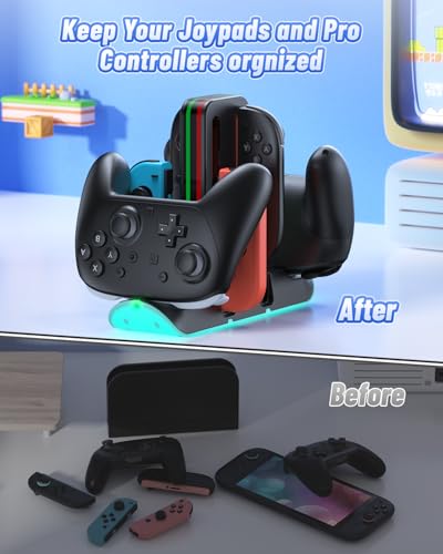 Image of FASTSNAIL Charging Dock Compatible with Switch 2 /1 for Joycon, Charging Stand for Switch 1 /2 P Controller with 9 RGB Lighting, Magnetic Charging Storage Station with Charging Indicator and USB Cable